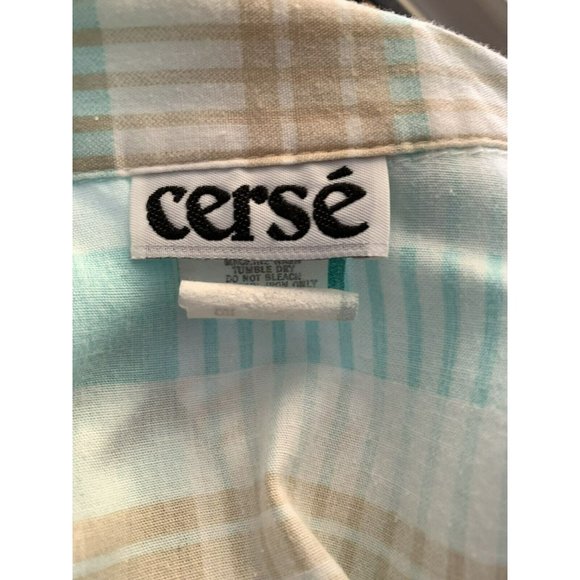 Vintage top 70s 80s Blouse Shirt Button Pastel Blue Brown Bat Wing Plaid CERSE - Picture 8 of 10